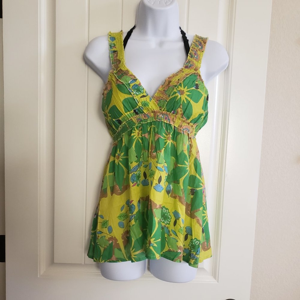 Apollo Sunshine Yellow W/ Green Floral Top NWT